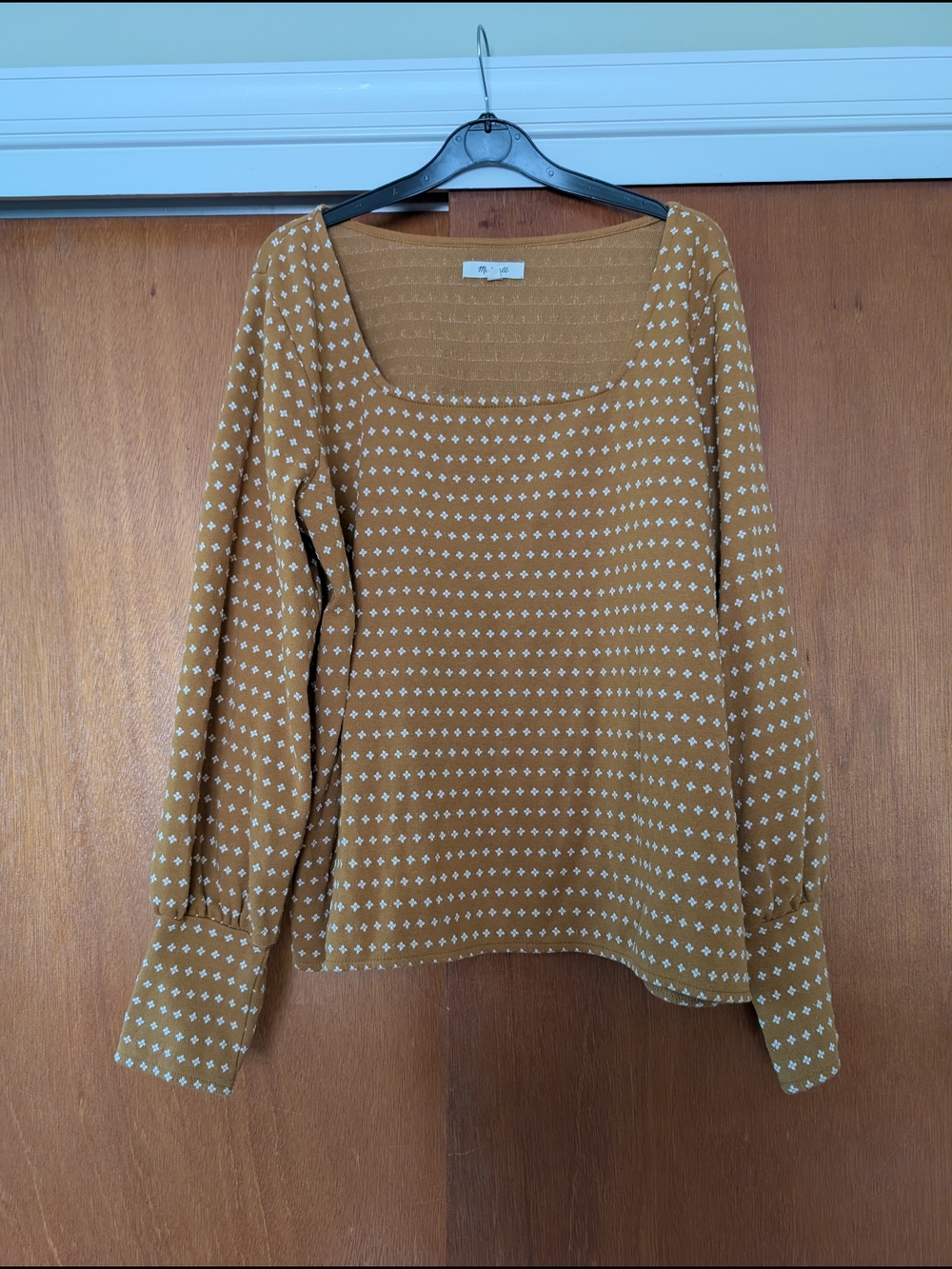 Madewell Mustard Square-Neck Long Sleeve Top with White Dot Pattern Xl